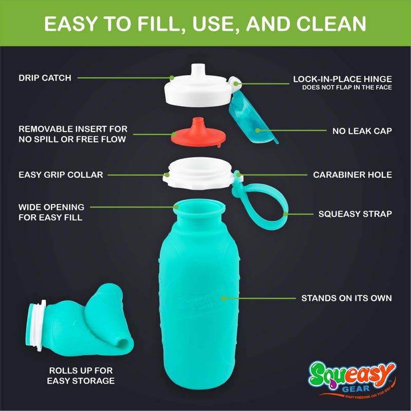 Squeasy Snacker Blue 16 oz Squeasy Snacker Spill Proof Silicone Reusable Pouch - For Soft Foods & Liquids - Water, Apple Sauce, Yogurt, Smoothies, Baby Food - Dishwasher Safe - Image 4